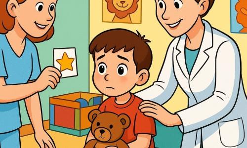 Un niño de 6 años, Tomás, mira algo inquieto pero valiente; cabello castaño corto, ojos avellana, mejilla algo roja, sentado en una pequeña camilla sujetando su peluche Pete. La doctora Clara, unos 35 años, sonríe con dulzura; lleva bata blanca y el pelo en moño suelto, ilumina el brazo de Tomás con una linterna médica y apoya la mano en su hombro a la derecha. La enfermera Ana, unos 30 años, muestra expresión amable y ofrece una hoja de pegatinas de estrellas desde la izquierda junto a una silla colorida. El peluche Pete, osito marrón de nariz cosida, está en sus piernas. La sala es luminosa y colorida, con paredes verde menta y amarillo pálido, pósteres de animales sonrientes, caja de juguetes y una mesa con lápices y dibujos. Momento tranquilo de examen médico: gestos suaves, sonrisa reconfortante, pegatina lista como recompensa y un cuaderno con ejercicios simples; ambiente cálido y seguro.