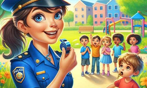 Uma policial sorridente, com um uniforme azul vibrante e um grande chapéu, está no centro da imagem, mostrando uma expressão alegre e amigável. Ela tem cabelos castanhos presos em um rabo de cavalo e segura um apito brilhante na mão. Ao lado dela, um garoto de 6 anos chamado Lucas, com cabelos loiros bagunçados e uma camiseta vermelha, sopra no apito com um grande sorriso, os olhos brilhando de excitação. Ao fundo, um grupo de cinco crianças, com idades entre 5 e 7 anos, observa maravilhado, alguns levantando a mão para fazer perguntas. A cena acontece em um parque ensolarado, com árvores verdes exuberantes, flores coloridas e um céu azul claro. Brinquedos infantis são visíveis ao longe, acrescentando uma atmosfera alegre. A situação principal mostra a policial Ana explicando às crianças como atravessar a rua com segurança, com gestos claros e envolventes, enquanto Lucas se diverte usando o apito, criando uma atmosfera de camaradagem e aprendizado.