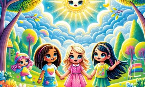 Într-un parc însorit, trei fete stau în centrul imaginii. Ana, o fetiță de patru ani cu părul buclat brunet, poartă o rochie roz cu buline și ține o păpușă magică numită Luminita, care strălucește cu o lumină blândă. La stânga ei, Mia, tot de patru ani, are părul blond împletit și poartă un tricou galben cu un desen de soare, zâmbind larg către Ana, pregătită pentru aventură. La dreapta, Sara, o altă fetiță de patru ani cu părul negru drept, poartă o fustă albastră și un tricou verde, ridicând brațele în aer, entuziasmată de ideea de a călători în timp. Parcul este plin de verdeață, cu copaci măreți, flori colorate și un cer albastru cu nori albi pufoși. În fundal, se vede o leagăn și un tobogan, adăugând bucurie mediului. Cele trei fete, ținându-se de mână, numără împreună înapoi, pregătite să pornească într-o aventură magică, în timp ce un vârtej de lumină începe să le învăluie, simbolizând călătoria lor în timp.