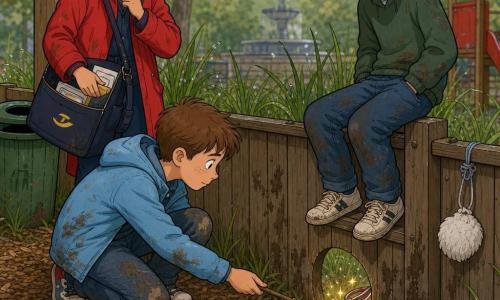 De hoofdpersoon is een jongen van ongeveer 10 jaar met kort bruin haar, een lichtblauwe licht stoffige jas en vuile knieën; hij zit gehurkt, kalm geconcentreerd, en steekt met een klein stokje door een gat in het gaas om een glanzende gouden sterrenmedaille naar zich toe te schuiven. Belangrijk secundair personage is Noor, de postbezorgster van 30–40 jaar in een rode jas met een open tas, licht verlegen maar opgelucht, staand iets achter en links van de jongen en kijkend naar de medaille. Een andere secundaire is een ongeveer 11-jarige jongen, de dief, met warrig blond haar en een groene modderige trui, zittend op de houten reling rechts met handen in de zakken en schaamtevol neerziend. De plek is een kleine speelplaats aan de rand van een park met houtsnippers, een houten reling met een gat in het gaas, hoog en nat gras, rode krijtpijlen op de grond, een groene prullenbak en een vage fontein op de achtergrond. De scène is een ontdekking: de medaille glinstert met warme reflecties terwijl hij voorzichtig wordt naar zich toe geschoven; modderdruppels op het gaas en een wit pluimpje aan een touwtje geven aanwijzingen.