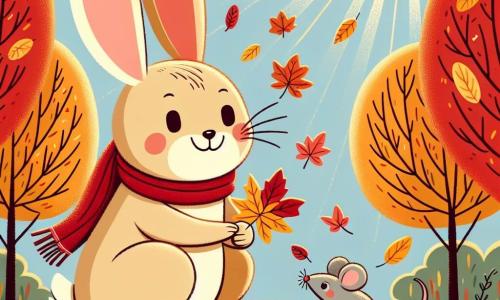 Ein kleiner fröhlicher Hase mit hellbraunem Fell und großen Ohren sammelt bunte Herbstblätter und lächelt dabei. Er trägt ein rotes Halstuch und sitzt im Gras. Neben ihm schaut eine kleine graue Maus mit funkelnden Augen und einem kleinen Schwanz neugierig auf die Blätter, während sie ein orangefarbenes Blatt in ihren Pfoten hält. Der Hintergrund ist ein Herbstpark mit Bäumen in leuchtenden Rot-, Gelb- und Orangetönen und einem klaren blauen Himmel. Sonnenstrahlen filtern durch die Äste und beleuchten den mit Blättern bedeckten Boden. Die Hauptsituation zeigt den Hasen und die Maus, die Spaß daran haben, ein Collage aus bunten Blättern zu erstellen, umgeben von der Schönheit der herbstlichen Natur, voller Freude und Freundschaft.