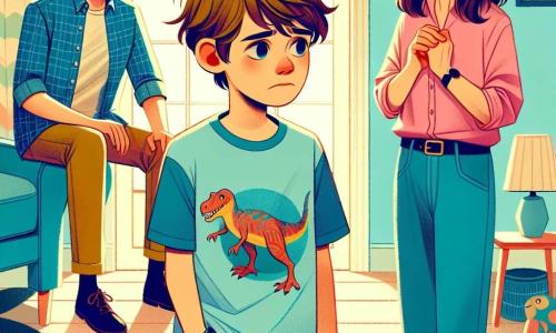 Un ragazzo di 12 anni, Tommaso, con capelli castani e leggermente arruffati, occhi brillanti e un'espressione malinconica, si trova al centro dell'immagine. Indossa una maglietta blu con un dinosauro e un pantaloncino di jeans, tenendo una borsa azzurra tra le mani, guardando pensieroso il pavimento. Accanto a lui, sua madre, una donna di circa 35 anni, con capelli lunghi e castani, vestita con una blusa rosa, si accovaccia per parlargli dolcemente, una mano sulla sua spalla, mostrando un sorriso rassicurante. Un po' più in là, suo padre, un uomo di circa 40 anni, con capelli corti e una leggera barba, è in piedi con le braccia incrociate, con un'espressione seria ma benevola, guardando suo figlio con attenzione. La scena si svolge in un soggiorno luminoso, con pareti dipinte di giallo pastello, giocattoli sparsi sul pavimento e una grande finestra che fa entrare la luce del sole, illuminando la stanza. Sullo sfondo, si intravede un divano comodo e un tavolino con libri e matite. La situazione principale mostra Tommaso, diviso tra tristezza e speranza, che ascolta attentamente i suoi genitori che gli spiegano la loro separazione, mentre un'atmosfera calda e dolce avvolge la stanza.
