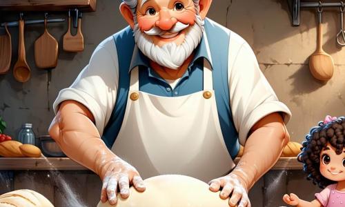 Un hombre mayor, Don Pancracio, sonriente y cálido, con cabello gris y un bigote espeso, está detrás de una gran mesa de madera, amasando una masa de pan. Lleva un delantal blanco ligeramente espolvoreado de harina, y sus ojos brillan de alegría y pasión por su oficio. A su lado, una niña de 8 años, Julia, con cabello castaño y rizado, observa con asombro, con las manos en las caderas, ansiosa por aprender. Ella lleva una camiseta colorida y un pequeño delantal de tela con flores. El lugar es una encantadora panadería, con paredes de ladrillo rojo, estanterías de madera llenas de panes dorados y crujientes, y una gran ventana que deja entrar la luz del sol, iluminando la escena con una suave calidez. La situación principal muestra a Don Pancracio enseñando a los niños el arte de la panadería, mientras se divierten amasando la masa, rodeados de una nube de harina, con risas y estallidos de alegría en el aire.
