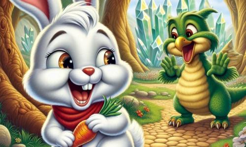 Im Zentrum des Bildes sitzt ein kleiner Hase namens Felix mit großen flauschigen Ohren und strahlend weißem Fell, der laut lacht, seine Augen funkeln vor Schalk. Er trägt ein rotes Halstuch und hält eine Karotte in seinen Vorderpfoten, bereit, einen seiner berühmten Witze zu erzählen. Neben ihm sitzt eine weise alte Eule mit goldenen Federn, die auf einem Ast sitzt und freundlich lächelt, ihre runden, glänzenden Augen spiegeln den Spaß wider. Im Hintergrund lacht ein grüner Drache mit schimmernden Schuppen, seine großen Flügel an seinen Körper angelegt, vor einer Höhle, die mit bunten Kristallen geschmückt ist, die im Sonnenlicht funkeln und der Szene einen magischen Touch verleihen. Der Ort ist eine wunderschöne verzauberte Lichtung, umgeben von Zuckerstangenbäumen und bunten Blumen, die im Wind tanzen und eine fröhliche, märchenhafte Atmosphäre schaffen. Die Hauptsituation zeigt Felix und seine Freunde, die Witze teilen und zusammen lachen, ihre Freundschaft und ihren Sieg über den Drachen feiernd, in einer Atmosphäre von Kameradschaft und Freude.