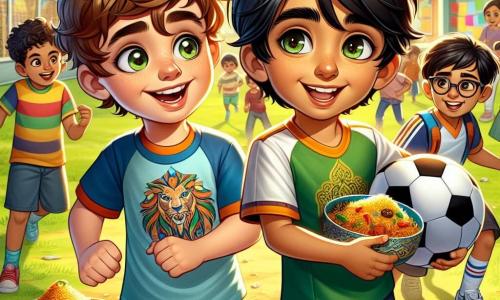 A 12-year-old boy named Max, with messy brown hair and sparkling eyes, stands in the center of the image, smiling enthusiastically. He wears a colorful t-shirt and shorts, holding a soccer ball, ready to play. To his right, Amir, a 12-year-old boy of Pakistani descent with black hair and olive skin, stands with a shy smile, dressed in a blue shirt featuring a dragon, admiring Max while holding a plate of biryani in his other hand. On the left, Lily, an 11-year-old girl with blonde hair and green eyes, laughs with her arms crossed, while Sam, a 12-year-old boy with brown hair and glasses, prepares to kick the ball excitedly. The scene takes place on a sunny playground surrounded by green trees and children's laughter, with colorful drawings hanging on the school walls in the background. The main focus shows Max and Amir, surrounded by their friends, playing soccer together, illustrating the joy of friendship and celebrating their cultural differences.