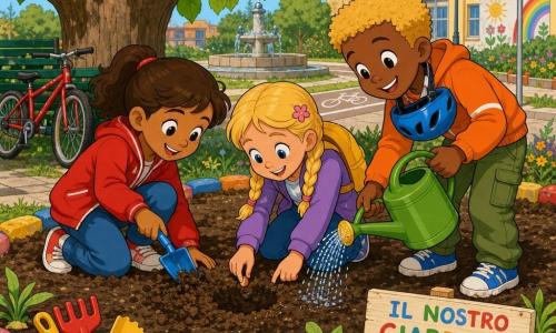 Ci sono tre bambini di 6 anni: Luna (ragazza, capelli castani raccolti in coda, giacca rossa) accovacciata a sinistra con una piccola pala di plastica che scava; Nico (ragazzo, capelli biondi corti, casco blu al collo) a destra che versa acqua con un annaffiatoio verde; Sara (ragazza, capelli biondi intrecciati, piccolo zainetto giallo) al centro che mette delicatamente una semina nel buco. Luogo: un piccolo giardino della scuola sotto un grande tiglio dalle foglie verde chiaro, terreno morbido, aiuole bordate da pietre dipinte, attrezzi colorati per bambini e un cartello fatto a mano 