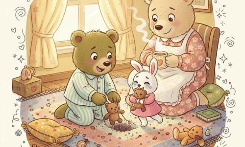 Il protagonista è un piccolo orso antropomorfo di nome Berto, pelliccia bruna soffice, pigiama a righe pastello, volto sollevato e gioioso, inginocchiato sul tappeto mentre tira fuori un orsacchiotto polveroso dalle fibre; la mamma è una grande orsa crema dai tratti dolci, vestito a fiori e grembiule, sorriso caldo, seduta accanto a Berto offrendo una tazza di cacao fumante con sguardo benevolo; Nina è una piccola coniglietta bianca dalle lunghe orecchie cadenti, vestito rosa, occhi lucidi di gioia, abbraccia l'orsacchiotto saltellando vicino a Berto; la scena è un salotto accogliente con grande tappeto colorato e fibre visibili, cuscini impilati, luce dorata dalla finestra con tende leggere, pavimento in legno e giocattoli sparsi; situazione principale: momento di ritrovamento, la peluche perduta scoperta tra le fibre del tappeto, tutti raccolti in cerchio con espressioni di sollievo e tenerezza, atmosfera dolce e rassicurante.