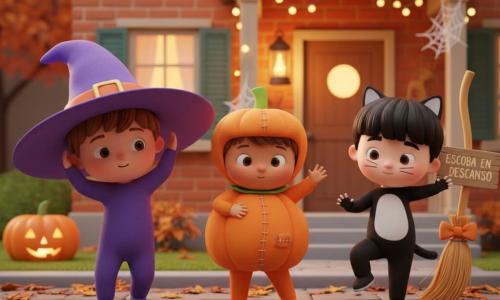 Hay tres niños: Tomás, 3 años, piel clara, cabello castaño despeinado, con un gran sombrero de bruja violeta que le cubre una oreja; Bruno, 3 años, piel morena, disfraz acolchado de calabaza naranja; Leo, 3 años, delgado, pelo negro corto, disfrazado de gato negro con bigotes de papel blancos. Están en una calle de barrio decorada para Halloween de noche: empedrado con hojas crujientes, casas de ladrillo con porches iluminados por linternas de calabaza y guirnaldas, y una vieja escoba apoyada con un lazo naranja y un letrero “Escoba en descanso”. Los tres bailan suavemente frente a la casa de una bruja amable: hacen el gesto de “buenas noches” tocándose la cabeza, giran lentamente como hojas, muestran los dedos en forma de estrellas, mientras la escoba se inclina como para saludar; ambiente cálido, colores naranja, violeta y amarillo, luz suave y sensación segura y alegre.