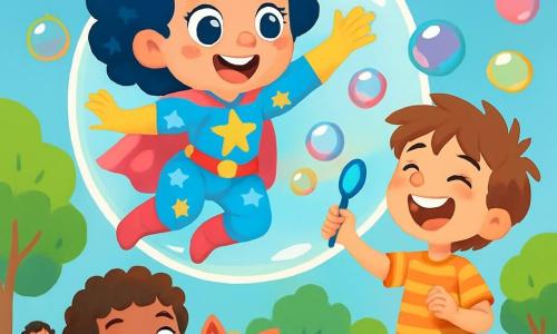 Superpompón, una mujer heroica con cabello rizado y brillante, lleva un traje colorido con patrones de nubes y estrellas. Tiene una gran sonrisa alegre y ojos chispeantes, flotando en el aire sobre una burbuja gigante. Junto a ella, Superburbuja, un niño de unos 8 años, tiene el cabello desordenado y lleva una camiseta a rayas. Crea burbujas de colores que bailan a su alrededor, riendo con entusiasmo. Más abajo, Superrizo, un niño de 7 años con cabello rizado, observa con una gran sonrisa, sosteniendo a su pequeño chihuahua de pelaje alborotado en sus brazos. La escena se desarrolla en un parque soleado, lleno de árboles verdes, flores brillantes y un cielo azul claro. Los niños juegan y se divierten a su alrededor, sumando a la atmósfera alegre. La situación principal muestra a Superpompón y Superburbuja flotando en una burbuja gigante, rodeados de burbujas de colores, mientras Superrizo los anima desde el suelo, todos riendo juntos en un momento de pura felicidad.