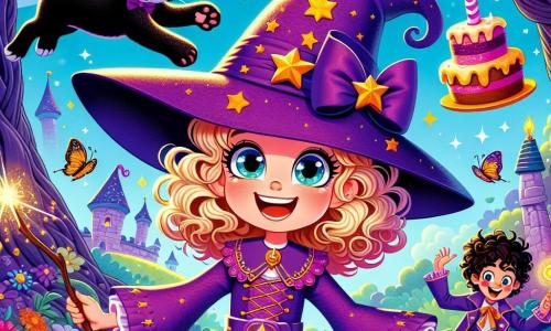 Una joven aprendiz de bruja, Clara, de 7 años, se encuentra en el centro de la imagen. Lleva un vestido violeta adornado con estrellas brillantes y un gran sombrero puntiagudo, su rostro irradia alegría y emoción. Sus ojos brillantes están llenos de travesura mientras se prepara para lanzar un hechizo. A su lado, su gato negro, Negrotius, con ojos verdes chispeantes, observa con curiosidad lo que sucede a su alrededor. Al fondo, su amigo Nico, un duende travieso de unos 8 años, salta para atrapar un pastel volador, con su cabello rizado y una sonrisa pícara que ilumina su rostro. El jardín encantado donde se desarrolla la escena está lleno de flores coloridas, mariposas revoloteando y árboles de troncos torcidos, creando una atmósfera mágica y alegre. La situación principal muestra a Clara lanzando un hechizo para hacer levitar pasteles, que flotan alegremente en el aire, mientras las risas de las criaturas mágicas resuenan a su alrededor. Los pasteles de colores bailan sobre las cabezas de los personajes, añadiendo un toque de fantasía a esta escena llena de vida y diversión.