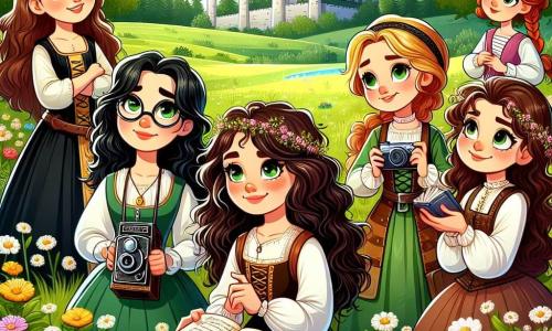 En un campo verdeante, seis chicas de entre 10 y 12 años están juntas, rodeadas de flores coloridas. Clara, la líder, tiene cabello castaño rizado y ojos verdes brillantes; sonríe con determinación, sosteniendo un viejo libro. Lucía, con su cabello largo y negro, lleva gafas y sostiene una cámara, lista para capturar el momento. Marta, de cabello rubio liso, tiene una mirada traviesa y sostiene un pequeño cuaderno, lista para anotar ideas. Paula, con trenzas castañas, lleva un vestido medieval y mira con asombro el castillo a lo lejos. Sofía, de cabello pelirrojo, sostiene un libro abierto, fascinada por las historias que contiene. Ana, con cabello corto y rizado, lleva una camiseta y jeans, y parece reflexionar intensamente sobre un problema matemático. Al fondo, se alza un majestuoso castillo medieval con torres esbeltas y banderas ondeando, mientras el cielo es de un azul brillante, salpicado de nubes blancas. Las chicas se preparan para entrar al castillo, decididas a descubrir un tesoro escondido, un antiguo libro de conocimientos que podría cambiar el destino de su aldea.
