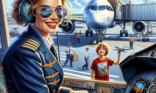 Eine Pilotin, Lisa, sitzt im Cockpit eines Flugzeugs mit einem großen Lächeln im Gesicht, die kastanienbraunen Haare zu einem Pferdeschwanz gebunden. Sie trägt einen blauen Pilotenanzug mit goldenen Abzeichen und Sonnenbrille, konzentriert auf die Steuerung des Flugzeugs. Draußen steht ein etwa 8-jähriger Junge namens Max nahe dem Zaun des Flugplatzes, mit weit aufgerissenen Augen vor Staunen, und hält ein kleines Flugzeugmodell in seinen Händen. Er hat zerzauste blonde Haare und trägt ein rotes T-Shirt mit einem Flugzeugmotiv. Der Ort ist ein sonniger Flughafen mit strahlend blauem Himmel und sanft schwebenden weißen Wolken. Im Hintergrund sind andere Flugzeuge auf dem Rollfeld geparkt und Techniker beschäftigt. Die Hauptsituation zeigt Lisa, die bereit ist, mit ihrem Flugzeug abzuheben, während Max sie bewundernd beobachtet und davon träumt, ebenfalls Pilot zu werden. Die Illustration fängt die Aufregung und das Abenteuer des Moments mit lebhaften Farben und fröhlichen Details ein.
