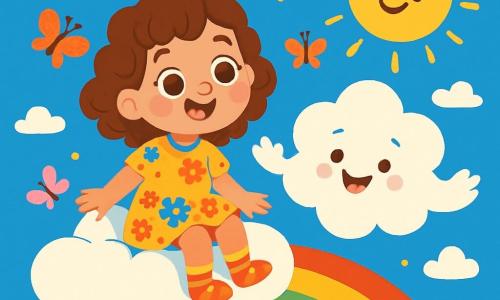 Una bambina di 4 anni, Mia, con grandi occhi brillanti e capelli ricci castani, sorride meravigliata mentre è seduta su un cuscino volante a forma di nuvola. Indossa un vestito colorato con motivi floreali e calze a righe. Accanto a lei, una nuvola morbida e pelosa, chiamata Sofì, ha un'espressione gioiosa e giocosa, fluttuando con braccia a forma di onde, come se stesse ballando nel cielo. Il cielo è di un blu brillante, punteggiato di nuvole bianche e dal sole dorato che splende, mentre farfalle colorate danzano attorno a loro, aggiungendo un tocco di magia alla scena. Mia e Sofì stanno volando sopra un arcobaleno splendente, che si estende maestoso sotto di loro, con colori vivaci e scintillanti. I raggi di sole, sotto forma di piccoli riflessi dorati, li circondano, creando un'atmosfera gioiosa e ludica.
