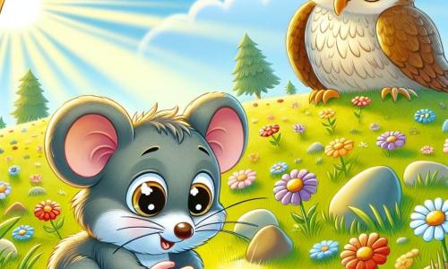 A little mouse named Milo, with big round eyes and twitching whiskers, is searching for his precious shiny pebble in a sunny meadow. Milo has soft gray fur and looks both curious and anxious as his tiny paws sift through the green grass. Nearby, Bella, the wise owl, is perched on a tree branch, with brown feathers and golden eyes, watching Milo kindly and pointing him in the right direction. The environment is a vibrant meadow dotted with colorful flowers, with rays of sunlight filtering through the leaves of the trees. Determined, Milo scans the ground, hoping to find his lost sparkling pebble among the flowers.