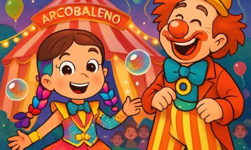 Una ragazza di 8 anni, Olivia, con occhi scintillanti e capelli intrecciati e colorati, si trova al centro della scena, sorridente e piena di entusiasmo. Indossa un costume da piccola assistente di circo, decorato con paillettes brillanti e colori vivaci. Accanto a lei, un clown di nome Gigio, di circa 30 anni, con un grande naso rosso e capelli arruffati, ride tenendo un costume a righe, pronto a entrare in scena. Sullo sfondo, il circo Arcobaleno è illuminato da luci brillanti, con tende a righe rosse e bianche, palloncini colorati che fluttuano nell'aria e spettatori meravigliati. La scena mostra Olivia e Gigio mentre preparano un numero di circo, circondati da bolle di sapone giganti che fluttuano intorno a loro, creando un'atmosfera magica e gioiosa.