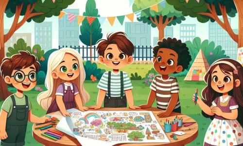 Într-un parc însorit, cinci copii sunt adunați în jurul unei mese mari din lemn, decorată cu desene colorate și materiale de artă. **Andrei**, un băiat de 10 ani cu părul brun și ochelari, zâmbește ținând un mare hârtie pe care a desenat un plan pentru un eveniment. El stă în picioare în stânga mesei. **Mihai**, un băiat de 9 ani cu părul blond și ochi strălucitori, este așezat pe un scaun, cu mâinile ridicate în aer, entuziast să își împărtășească ideile. **Radu**, un băiat de 10 ani cu părul negru și pistrui, se apleacă peste masă, concentrat pe un desen de joc pe care îl face cu creioane colorate. **Vlad**, un băiat de 9 ani cu părul castaniu și ochelari, este așezat în dreapta, discutând cu o fată, zâmbind. **Ana**, o fată de 10 ani cu părul lung brun și o rochie colorată, stă în picioare lângă Vlad, ținând un marker și adăugând idei la plan. Parcul este plin de verdeață, cu copaci măreți și flori colorate care dansează în vânt. În fundal se vede un teren de joacă cu leagăne și un tobogan. Copiii discută vesel despre proiectul lor pentru o zi de jocuri, unde vor să adune toți colegii lor, băieți și fete, pentru a celebra prietenia și egalitatea de gen.