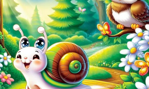 A little snail named Sammy, with a shell as shiny as the moon and sparkling eyes full of excitement, glides along a green path, smiling and full of courage. Next to him, a kind white rabbit named Lily, with long soft ears, encourages him with an admiring look, standing on a carpet of colorful flowers. Higher up in a tree, a wise owl named Bella, with brown feathers and big round eyes, watches the scene benevolently, ready to guide Sammy. The setting is a beautiful sunny forest filled with vibrant flowers and majestic trees, where sunlight filters through the leaves, creating dancing shadows on the ground. Sammy is about to cross a wooden bridge over a sparkling stream, with colorful butterflies flying around him, symbolizing his brave adventure in the maze.