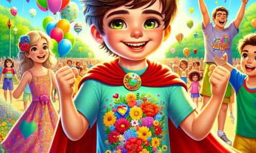 Um menino de 6 anos, Lucas, está no centro da imagem, com um grande sorriso e olhos brilhantes de alegria. Ele usa uma capa vermelha flutuante e uma camiseta colorida com o slogan 