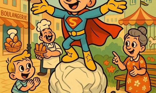 Un supereroe sorridente e sicuro in costume azzurro lucido con grande mantello rosso e stivali gialli con stelle, in posa fiera su una enorme palla di carta, espressione gioiosa e occhi brillanti; a sinistra Leo, bambino di circa 5 anni con maglietta a righe blu e capelli biondi, osserva ammirato e applaude in piedi sull'erba; a destra Madame Gina, donna dai capelli grigi raccolti in chignon e vestito a fiori, indica la palla sorridendo preoccupata vicino a una panchina; dietro il protagonista un fornaio di circa 40 anni con grembiule bianco e toque tiene un cesto di pane ridendo; in primo piano due cani piccoli, uno marrone e uno nero, tirano dolcemente una lunga corda tenuta dai bambini che ferma la palla; piazza cittadina colorata con sampietrini beige, lampioni rotondi, aiuole di fiori rossi, un carosello sullo sfondo e case pastello; scena allegra e sicura, palette vivace, contorni neri spessi, texture lisce ed espressioni esagerate.