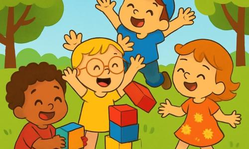 A 2-year-old boy named Sam, with curly hair and a big joyful smile, is crouched on the green grass, holding a large colorful block in his small hands. Next to him, Mia, a 2-year-old girl with blonde hair and pink glasses, is laughing with her arms raised, ready to add another block to the tower. Ben, a 2-year-old boy with brown hair and a blue cap, is jumping happily with his arms in the air just behind them. Lily, a 2-year-old girl with red hair and a flower dress, is singing while swaying from foot to foot, a big smile on her face. The scene takes place in a sunny park with green trees and colorful flowers, under a clear blue sky with fluffy white clouds. The main situation shows the friends building a tower of colorful blocks, laughing and having fun together, while the tower starts to wobble, ready to fall, causing bursts of laughter and amused expressions on their faces.
