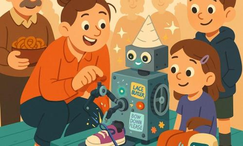 Smiling female inventor (adult) with a messy bun and mismatched socks crouches behind a small googly-eyed machine, pressing a button as it carefully ties a shoelace; nearby Mr. Puddle (about 60) with a mustache holds a bowl of pretzels, amused, while an 8-year-old girl with purple hair clips sits on a stool, amazed as her shoes are tied, and a 7-year-old boy with muddy sneakers stands behind, pleased; a toaster-sized cream metal assistant robot BEEP with blue LED eyes flashes joyful signals on the right, and the “Lace Butler” — a small metal box with rubber pinchers, a turning wheel, mic, paper hat, colorful stickers and soft LED eyes — operates on a turquoise fair table under colorful bunting and banners reading “FREE SHOELACE TYING (PLUS COMPLIMENTS),” the festive outdoor fair scene full of a joyful crowd, brass band music, precise machine gestures and sparkling graphic compliments.