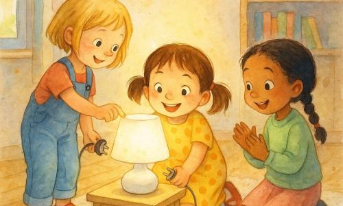 Three girls: Mia, 6, brown pigtails and a yellow polka-dot dress, crouched center plugging a lamp into the wall; Zoe, 5, short blonde hair in blue overalls and red shoes, left of Mia pressing the lamp button with a hopeful smile; Lila, 6, braided black hair in a light green sweater and pink skirt, kneeling on the right, watching and gently applauding. They are in a cozy bright living room with light wood floors, a cream speckled rug, a small light-wood table with a white porcelain lamp, a window with pastel striped curtains and a bookshelf in the background; the three little detectives examine the lamp as a soft light begins to glow and they share joyful, conspiratorial expressions.