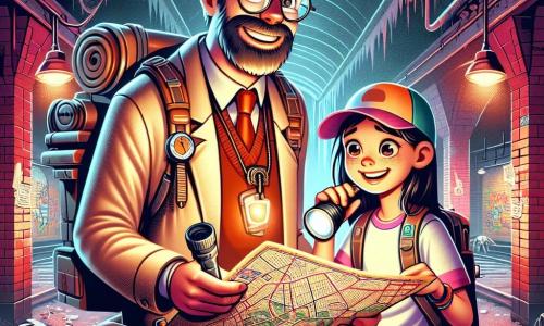 A man, Dr. Theo Reed, stands in the center of the image, wearing round glasses and disheveled hair. He is dressed in a beige scientist's jacket, carrying a backpack filled with exploration tools, and his face shows sparkling excitement, his eyes shining with adventure. Next to him is Maya Tran, a 12-year-old girl with long black hair, wearing a cap and a colorful t-shirt. She holds a flashlight and looks at the map with a big smile, ready to explore. Their environment is an old abandoned subway station, with red brick walls, colorful graffiti, and dusty train tracks. Cobwebs hang from the ceilings, and flickering lights create a mysterious atmosphere. The main scene shows Theo and Maya carefully examining the old map, surrounded by the shadows of dark tunnels, as they prepare to uncover the hidden secrets of the city.
