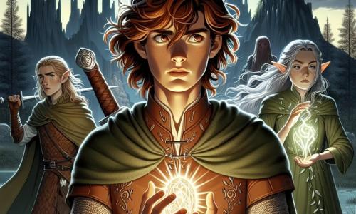 In the foreground, a young man named Finnick, eighteen years old, stands courageously at the center of the scene. He has chestnut hair and shifting eyes that reflect the sunlight; his determined face reveals an emotion of bravery and hope. He wears a brown leather tunic adorned with natural patterns and holds a glowing amulet in his hand, emitting a soft light. To his right, Kaelin, a twenty-year-old agile swordswoman with long silver hair flowing in the wind, is in a combat stance, ready to defend Finnick with an expression of intense focus. To his left, Arin, a hundred-year-old elf with delicate features and pointed ears, is dressed in a green robe decorated with leaves and uses his magic to conjure a spell, his hands illuminated by a mystical light. The scene takes place in the heart of the Shadow Kingdom, where a large ruined castle looms in the background, its spires silhouetted against a stormy sky. Threatening shadows rise around them, creating an atmosphere of tension and mystery. The main situation shows Finnick, Kaelin, and Arin united against Malakar, an evil sorcerer, who challenges them with a storm of shadow creatures. The heroes stand ready to fight, determined to restore light to this darkened kingdom.