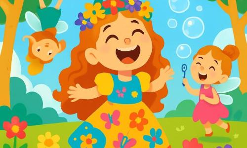 Uma princesa alegre, Pipoca, com longos cabelos cacheados e uma coroa de flores brilhantes, ri alto no meio de uma clareira ensolarada. Ela usa um vestido colorido decorado com padrões de borboletas e flores. Ao seu lado, a pequena fada Glub-Glub, de 5 anos, voa de cabeça para baixo com um sorriso travesso, suas asas cintilantes refletindo a luz do sol. Um pouco mais adiante, a fada Pompom, de 6 anos, cria enormes bolhas de sabão que flutuam no ar, seu rosto radiante de felicidade. A clareira é cercada por árvores de troncos dourados e flores multicoloridas, enquanto um céu azul brilhante se estende acima deles. A cena principal mostra Pipoca e suas amigas fadas se divertindo juntas, rindo e brincando em um mundo mágico cheio de alegria e cores.