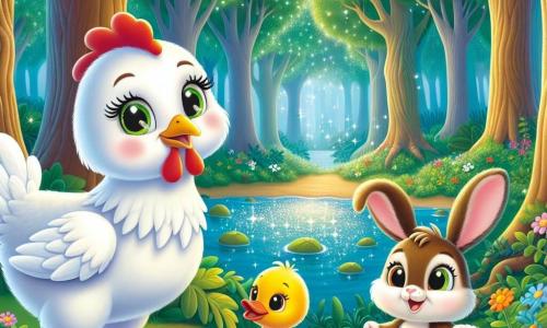 Uma galinha chamada Clara, com penas brancas e brilhantes, olhos curiosos e um pequeno bico laranja, está à beira de uma floresta mágica, com um olhar maravilhado e cheio de entusiasmo. Ao seu lado, um pato chamado Pedro, com plumagem amarelo-vivo e uma expressão um pouco preocupada, observa a floresta, enquanto um coelhinho chamado Rony, com grandes orelhas e pelagem macia e marrom, salta alegremente ao redor deles, cheio de energia. A cena acontece na entrada de uma floresta encantada, com árvores majestosas, folhas verdes vibrantes e flores coloridas espalhadas pelo chão, criando uma atmosfera mágica. Ao longe, uma fonte cintilante chama sua atenção, prometendo aventuras e descobertas. Clara, cheia de coragem, se prepara para entrar na floresta com seus amigos, pronta para explorar os mistérios que os aguardam.
