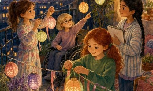 Cztery dziewczynki dekorują balkon na Ramadan: Maja (ok. 9 lat) z brązowym kucykiem w pastelowej sukience trzyma girlandę małych kolorowych lampionów; Zosia (ok. 8 lat) z krótkimi blond włosami i okrągłymi okularami siedzi na wózku i wskazuje ciemniejszy róg balkonu, by ustawić światła; Leila (ok. 10 lat) warkocze, lekka pasiasta kurtka, trzyma szkicownik i nadzoruje dekoracje; Amelka (ok. 9 lat) ruda w kucykach, zielony sweter, wiąże kolorowe wstążki między lampionami, skoncentrowana i radosna. Balkon miejski o zmierzchu z metalową balustradą, doniczkami z ziołami, dywanikiem i zawieszonymi pastelowymi lampionami, atmosfera ciepła i wspólna, ze światłami, ręcznie robionymi kartkami i tacą ciastek na stoliku.
