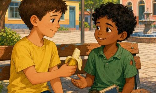 Dois meninos cerca de 8 anos sentados num banco de madeira numa escola ao sol da manhã: Tomás, cabelos castanhos curtos, camiseta amarela levemente amarrotada, short azul, segura meia banana na mão direita e sorri, à esquerda; Davi, pele mais escura, cabelos negros encaracolados, polo verde gasto com pequeno furo na manga, segura um livro gasto enquanto olha a banana com gratidão, à direita, ligeiramente inclinado; chão de lajotas claras, árvores com folhas verdes e prédios de tons pastéis ao fundo, luz suave, cores vívidas, atmosfera de ajuda mútua e simplicidade.