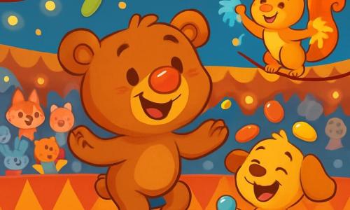 In the center of the scene, Benny, a teddy bear with soft brown fur and a shiny red nose, is juggling jellybeans while balancing on his small blue unicycle. He has a joyful smile and sparkling eyes, showing his enthusiasm and determination. Next to him, Patchy, a small puppy with big floppy ears and golden fur, is juggling colorful balls, laughing heartily. He has a mischievous look, and his tail wags with excitement. Sophie, a graceful squirrel with red fur and a bushy tail, is perched on a clothesline, waving colorful pom-poms while encouraging Benny. She looks proud and enthusiastic, ready to cheer for her friend. The setting is a large circus tent with twinkling lights and colorful banners overhead. Amazed spectators, consisting of animals in costumes, fill the benches, creating a festive and joyful atmosphere. The main scene shows Benny juggling jellybeans while balancing on his unicycle, surrounded by his friends who cheer him on, all in a cheerful, laughter-filled ambiance.