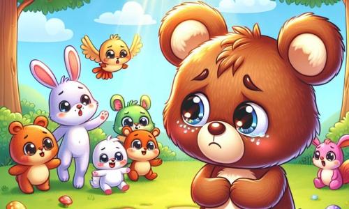 Ein kleiner Teddybär mit weichem braunem Fell und runden, glänzenden Augen steht in der Mitte des Bildes und zeigt einen traurigen, besorgten Ausdruck. Er schaut auf eine Gruppe von Tieren, die zusammen spielen, aber er scheint von ihrem Spiel ausgeschlossen zu sein. Links streckt ein kleiner Hase mit großen weißen Ohren und rosigen Wangen, der ein warmes Lächeln hat, seine Pfote zum Bären aus und zeigt, dass er ihn einbeziehen möchte. Rechts lachen eine Gruppe von bunten kleinen Tieren, wie ein quirliger Eichhörnchen und ein Vogel mit leuchtenden Federn, zusammen, aber ihre Blicke sind gleichgültig gegenüber dem Bären. Die Szene spielt in einer sonnigen Lichtung, umgeben von grünen Bäumen mit glänzenden Blättern und bunten Blumen, die im Wind tanzen. Der Boden ist mit weichem Gras bedeckt, und ein Sonnenstrahl beleuchtet den Bären und betont seine Isolation. Die Hauptsituation zeigt den traurigen Bären, der abseits der anderen Tiere steht, die Spaß haben, während der Hase, voller Mitgefühl, versucht, ihn einzuladen, sich ihnen anzuschließen, und damit das Thema von Inklusion und Freundschaft angesichts von Mobbing verdeutlicht.