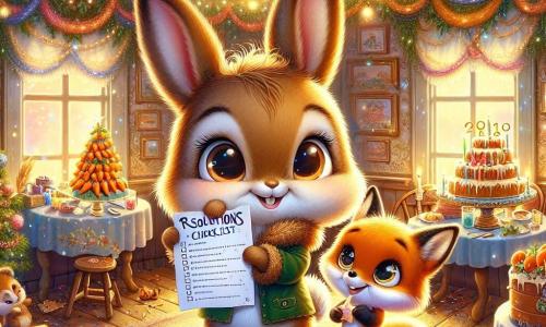 Binky, a small rabbit with big ears and soft brown fur, stands at the center of the scene, his eyes shining with excitement, holding a list of resolutions in his little paws. Next to him, Fluffy, a bright orange fox with a bushy tail, smiles joyfully, his eyes sparkling with mischief, holding shimmering stars ready to be hung. The scene takes place in a charming house decorated for New Year's, with colorful garlands and twinkling lights illuminating the room. A large table is laden with treats, featuring a magnificent carrot cake at the center, surrounded by colorful confetti adding a festive touch. Binky and Fluffy are preparing for the party, surrounded by their friends, all ready to share their resolutions and celebrate the new year together. The atmosphere is cheerful and warm, filled with laughter and anticipation for the adventures to come.