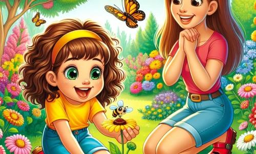 Uma menina de 12 anos, Clara, com cabelos cacheados castanhos e olhos brilhantes de curiosidade, está ajoelhada em um jardim vibrante de cores primaveris. Ela usa uma camiseta amarela brilhante e um short de denim, com galochas vermelhas, e seu rosto expressa uma alegria radiante enquanto observa uma pequena abelha em uma flor. Ao lado dela, sua mãe, uma mulher de cerca de 35 anos, com cabelos longos e castanhos, sorri segurando uma pá, pronta para ajudá-la a jardinar. O jardim é um quadro vivo, com flores multicoloridas, árvores em flor e borboletas voando no ar suave. Clara e sua mãe estão cercadas por uma vegetação luxuriante, e o sol brilha, iluminando cada pétala e cada folha. A cena principal mostra Clara maravilhada com a beleza da natureza, pronta para descobrir os segredos da primavera.