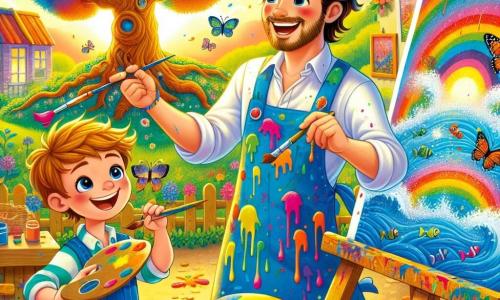 Un uomo sorridente, di nome Marco, è al centro dell'immagine. Ha capelli ricci castani e indossa un grembiule colorato, macchiato di vernice. Il suo viso irradia gioia e passione mentre dipinge un grande albero magico su una tela, circondato da colori vivaci. Accanto a lui, un ragazzo di nome Luca, di circa 8 anni, ha occhi scintillanti e capelli biondi arruffati. Tiene un pennello in una mano e una tavolozza di colori nell'altra, mentre dipinge un magnifico oceano blu con pesci colorati. La scena si svolge in un giardino soleggiato, pieno di fiori dai colori vivaci, con farfalle che volano intorno. Sullo sfondo, si erge una piccola casa gialla, con muri decorati da quadri colorati. Marco e Luca sono immersi nella loro creazione artistica, ridendo e incoraggiandosi a vicenda, mentre schizzi di vernice colorata fluttuano attorno a loro, creando un'atmosfera gioiosa e magica.