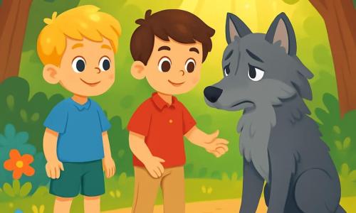 Es gibt drei Charaktere: Max, ein 8-jähriger Junge mit golden-blonden Haaren, trägt ein blaues T-Shirt und grüne Shorts. Er steht links, lächelt und hat einen neugierigen Blick. Leo, ein 7-jähriger Junge mit braunen Haaren und funkelnden Augen, trägt ein rotes Hemd und beige Hosen. Er steht in der Mitte und schaut den Wolf mit Mitgefühl an. Der Wolf ist ein großer grauer Wolf mit zerzaustem Fell und traurigen Augen, sitzt auf seinen Hinterbeinen rechts und wirkt zögerlich, aber neugierig auf die beiden Jungen. Die Szene spielt in einer verzauberten Lichtung im Herzen eines magischen Waldes, umgeben von großen Bäumen mit dicken Stämmen und grünen Blättern, die ein natürliches Dach bilden. Bunte Blumen wachsen am Boden, und Sonnenstrahlen durchdringen die Äste und beleuchten die Szene mit einem goldenen, warmen Licht. Max und Leo stehen dem Wolf gegenüber und bieten ihm ihre Freundschaft an. Max lächelt selbstbewusst, während Leo seine Hand zum Wolf ausstreckt, der zögerlich, aber von ihrer Freundlichkeit fasziniert scheint. Die Atmosphäre ist voller Hoffnung und Magie und symbolisiert den Beginn einer schönen Freundschaft.