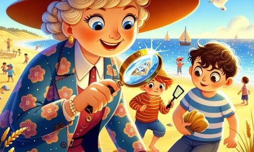 Mevrouw Snuffel is een glimlachende vrouwelijke detective van ongeveer 35 jaar, met een grote vilten hoed, een kleurrijke jas met patronen en een vergrootglas in haar hand. Haar uitdrukking is vastberaden en vrolijk terwijl ze aandachtig het zand observeert op zoek naar aanwijzingen. Naast haar staat een jongen van ongeveer 8 jaar met krullend haar en sprankelende ogen, die een plastic schep vasthoudt en nieuwsgierig om zich heen kijkt. Een ander personage, een 7-jarig meisje met een vlecht en een gestreept t-shirt, hurkt bij een hoop schelpen en lijkt geconcentreerd op haar zoektocht. De scène speelt zich af op een zonnig strand, met gouden zandduinen, glinsterende golven en kleurrijke schelpen verspreid over de grond. Op de achtergrond zijn kinderen aan het spelen en vliegen meeuwen in de blauwe lucht. De hoofdactie toont Mevrouw Snuffel en de kinderen die op zoek zijn naar de Gouden Schelp, de beroemde verdwenen gouden schelp, met voetafdrukken in het zand en mysterieuze aanwijzingen om hen heen.
