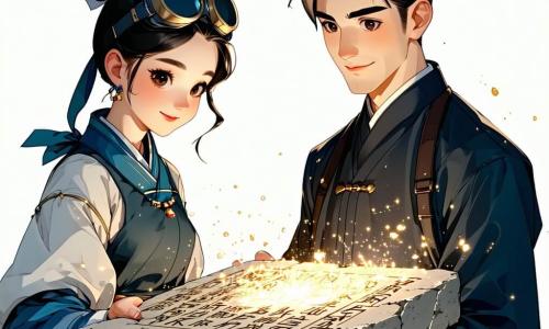 Mei Jing, een dertigjarige vrouwelijke archeoloog, staat in het midden van de afbeelding met zwart haar in een knot en een veiligheidsbril op haar voorhoofd. Ze heeft een verwonderde glimlach op haar gezicht en houdt een grote stenen tablet vast, versierd met oude tekens, terwijl er lichtflitsen om haar heen schitteren. Rechts van haar is Li Wei, een man van ongeveer 25 jaar, gebogen over een oude pot die hij gefascineerd bekijkt, met rommelig bruin haar en een pet op zijn hoofd. De achtergrond is een uitgestekte archeologische opgraving in een warme, gouden woestijnvallei, omringd door golvende zandduinen en oude ruïnes, met archeologische gereedschappen verspreid om hen heen. De hoofdactie toont Mei Jing die een mysterieuze stenen tablet ontdekt met oude inscripties, terwijl het zonlicht hun ontdekking verlicht en een magische, spannende sfeer creëert.