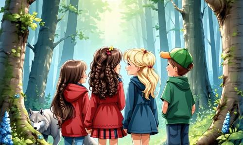 En un claro encantado, cuatro chicas de once años están juntas. **Sofía**, la más valiente, tiene el cabello rizado y lleva una chaqueta roja, se posiciona orgullosamente al frente, mirando al lobo con determinación. **Valentina**, con su cabello rubio y una gorra verde, está a su derecha, con una sonrisa traviesa, lista para desafiar. **Clara**, la soñadora de cabello castaño y vestido azul, se mantiene un poco atrás, con los ojos brillantes de imaginación, mientras que **Ana**, con su cabello negro y una falda rosa, está a la izquierda, con un aire pensativo, sosteniendo un libro abierto.

El gran lobo feroz, inmenso y majestuoso, se encuentra en el centro del claro, su pelaje gris brilla bajo el sol, sus ojos amarillos fijos en las chicas, con una mezcla de curiosidad y desafío en su mirada.

El claro está rodeado de grandes árboles con troncos gruesos, cuyas hojas verdes crean un techo natural sobre ellas, mientras que flores coloridas salpican el suelo, añadiendo un toque de magia al entorno.

La situación principal muestra a las chicas desafiando al lobo con un juego de acertijos, una tensión palpable en el aire, mientras se unen para demostrar que incluso el depredador más temido puede ser vencido por la inteligencia y la amistad.