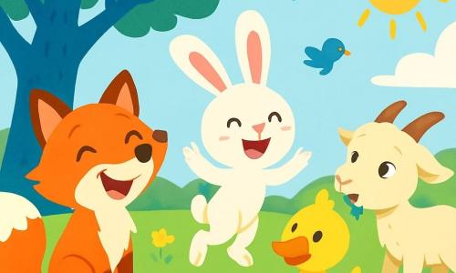 Foxy the fox, with his bright red fur and sparkling mischievous eyes, laughs heartily under a large blue tree. Next to him, Bouncy Bunny, a small rabbit with big white ears and a joyful smile, jumps for joy while waving his paws. A little further away, Dizzy Duck, a duck with bright yellow feathers, spins around with an amused expression, while Goofy Goat, a goat with soft, creamy fur, nibbles on a colorful hat with a surprised look. They are all in a green field dotted with vibrant flowers, where the sun shines and the birds sing. The scene captures their laughter and joy as they try to decide which fun game to play together.
