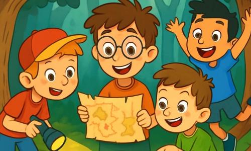 Er zijn 4 kinderen: - Tim: Een 10-jarig jongen met rommelig bruin haar en een bril met ronde glazen. Hij houdt een oude schatkaart vast met een grote glimlach, staande in het midden. - Bram: Een 9-jarig jongen met blond haar en een rode pet. Hij leunt iets naar voren, nieuwsgierig, terwijl hij naar Tims kaart kijkt. - Jesse: Een 8-jarig jongen met kastanjebruin haar en sproeten. Hij houdt een zaklamp vast en verlicht het pad, staande links van Tim. - Max: Een 9-jarig jongen met zwart haar en een felblauw T-shirt. Hij springt van blijdschap rechts van Tim, met opgetrokken armen, enthousiast over het avontuur. De scène speelt zich af in een oude en mysterieuze bos, met grote bomen met knoestige stammen en heldergroene bladeren. Op de grond kronkelen wortels tussen met mos bedekte stenen. Op de achtergrond staat een oude, door de tijd vervaagde houten schuur met een houten deur die klaar lijkt om open te gaan naar vergeten geheimen. De hoofdactie toont de kinderen die een oude schatkaart ontdekken, met verwondering op hun gezichten. Ze staan rond een grote eik, opgewonden over het idee om op zoek te gaan naar de mysterieuze verborgen schat, klaar voor een onvergetelijk avontuur.