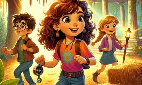 Al centro dell'immagine, una ragazza di 9 anni, Sofia, con lunghi capelli castani e ricci, indossa una maglietta colorata e un pantaloncino di jeans. Il suo viso esprime grande eccitazione e curiosità, i suoi occhi brillano di avventura mentre tiene in mano una vecchia mappa, pronta a scoprire un tesoro nascosto. Alla sua destra, Marco, un ragazzo di 10 anni con occhiali rotondi e capelli castani, esamina attentamente una bussola trovata, apparendo concentrato e intelligente. Alla sua sinistra, Lisa, una ragazza di 8 anni con capelli biondi intrecciati e un sorriso radioso, brandisce una torcia, pronta ad illuminare il cammino, mostrando uno sguardo determinato. Lo sfondo è un vecchio parco misterioso, con grandi alberi dai tronchi nodosi, foglie dorate che cadono a terra e un gazebo invaso dalla vegetazione. Raggi di sole filtrano tra i rami, creando un'atmosfera magica e incantevole. La scena principale mostra Sofia, Marco e Lisa, riuniti attorno a un'antica balla di paglia, scoprendo un'apertura segreta che conduce a un tesoro nascosto, simbolo del loro spirito d'avventura e della loro amicizia indissolubile.