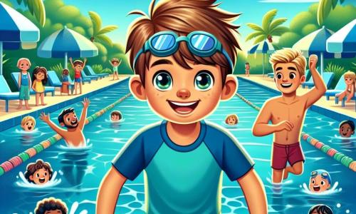 Un băiat de 10 ani, Alex, cu părul castaniu în dezordine și ochii strălucind de bucurie, stă pe marginea unei piscine strălucitoare sub soare. Poartă un costum de baie albastru aprins și ochelari de înot, zâmbind cu entuziasm în timp ce se pregătește să sară în apă. Lângă el, David, un băiat de 12 ani, cu părul blond și o statură atletică, îi face un semn de încurajare, cu brațele încrucișate, afișând un zâmbet mare. În fundal, copii de diferite vârste se distrează în apă, creând stropi de bucurie. Piscina este înconjurată de palmieri verzi și șezlonguri colorate, iar cerul este de un albastru strălucitor, presărat cu câteva nori albi pufoși. Scena surprinde momentul în care Alex, plin de entuziasm, se pregătește să sară în apă pentru prima sa lecție de inițiere în atletismul acvatic.