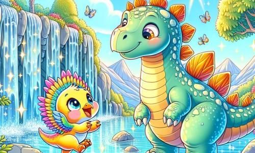 Un estegosaurio de corazón tierno, con placas verdes y naranjas en su espalda, se encuentra al borde de una cascada brillante. Sus grandes ojos brillan de emoción y curiosidad mientras observa a un pequeño dinosaurio de plumas coloridas que baila alegremente sobre una piedra plana. El pequeño dinosaurio, un poco travieso, tiene plumas amarillas y azules, y gira con una gran sonrisa, sus patas ligeras rozando el agua. El lugar es un valle soleado, rodeado de suaves montañas, con árboles de hojas brillantes y flores vibrantes que añaden toques de color. La cascada, hecha de piedras transparentes, vierte agua clara que crea arcoíris bajo el sol. La escena principal muestra al estegosaurio y al pequeño dinosaurio compartiendo un momento de alegría, bailando juntos al ritmo del agua que canta, mientras luciérnagas brillan a su alrededor, iluminando la escena con una magia suave y cálida.