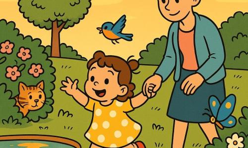 Bambina di 2 anni dagli occhi grandi e gioiosi, capelli castani ricci in codini, veste gialla a pois bianchi e scarpe rosse, corre tendendo la mano verso un uccellino colorato; la madre, circa 30 anni, sorridente e dolce, capelli castani raccolti in chignon e gilet azzurro, la tiene per mano leggermente indietro; un uccellino blu e arancione vola sopra un cespuglio fiorito, una grande farfalla blu e gialla si posa vicino a uno stagno con ninfee, un gatto tigrato osserva nascosto dietro un cespuglio; giardino al crepuscolo con erba verde, cespugli rosa e bianchi e un albero sullo sfondo, atmosfera dolce e avventurosa, colori caldi, stile fumetto per bambini.