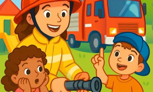 Eine junge Feuerwehrfrau, Lena, lächelt voller Energie und trägt einen großen glänzenden roten Helm sowie eine leuchtend gelbe Feuerwehrjacke. Sie zeigt den Kindern einen großen Feuerwehrschlauch, ihre Augen strahlen vor Freude und Stolz. Mia, ein 5-jähriges Mädchen mit lockigem Haar und einem rosa Kleid, schaut mit Staunen, die Hände auf ihren Wangen. Neben ihr hebt Tom, ein 6-jähriger Junge mit einer blauen Mütze, die Hand, um eine Frage zu stellen, sein Gesicht strahlt vor Neugier. Die Szene findet in einem sonnigen Kindergarten statt, mit bunten Spielzeugen, die auf dem grünen Gras verstreut liegen, und leuchtenden Blumen drumherum. Im Hintergrund steht ein großer, funkelnder roter Feuerwehrwagen mit blinkenden Lichtern. Lena erklärt begeistert, wie man den Feuerwehrschlauch benutzt, während die Kinder aufmerksam zuhören, ihre Augen leuchten vor Aufregung und Bewunderung.