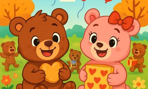 Um pequeno urso marrom chamado Tico, com um grande sorriso alegre e olhos brilhantes, está sentado na grama verde, segurando um biscoito em forma de coração em suas pequenas patas. Ao lado dele, uma ursinha chamada Bela, com pelagem rosa e um laço vermelho no cabelo, sorri entusiasticamente segurando um cartão decorado com corações. Ao fundo, um bosque de flores coloridas e árvores com folhas douradas criam uma atmosfera acolhedora e festiva. Balões vermelhos flutuam no céu azul, adicionando um toque de magia à cena. Tico e Bela estão cercados por outros pequenos ursos que dançam e riem, compartilhando presentes e sorrisos, celebrando alegremente o dia dos namorados.