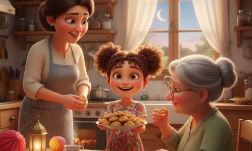 O fetiță de 8 ani fericită și mândră oferă o farfurie cu biscuiți cu curmale, părul șaten buclat în două cozi, rochie colorată cu flori; mama (~35 ani) zâmbitoare, cu mâini făinoase și șorț cu dungi stă lângă cuptorul deschis și privește cu tandrețe; bunica (~70 ani) așezată la masa de lemn, păr gri prins în coc și ochelari rotunzi, primește un biscuit și își sprijină cealaltă mână pe brațul fetiței; bucătăria e caldă și luminoasă, pereți crem, rafturi de lemn cu borcane de sticlă, fereastră cu perdea subțire și vedere spre un semilună, masă rustică cu față de masă brodată și tavă aurie; lumini calde de felinare și lampioane, aburi de la ceai și firimituri pe masă; compoziție centrată pe fetiță, prim-planuri pe fețele expresive, texturi clare ale aluatului, lemnului și textilelor, culori calde, contrast blând; stil animație 3D, redare moale, expresii exagerate prietenoase și iluminare aurie de seară, atmosferă familială și liniștită.